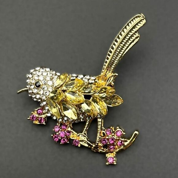Yellow Gold with Citrine and Diamond Crystal Bird with Flower Pin Back Brooch - Picture 1 of 9